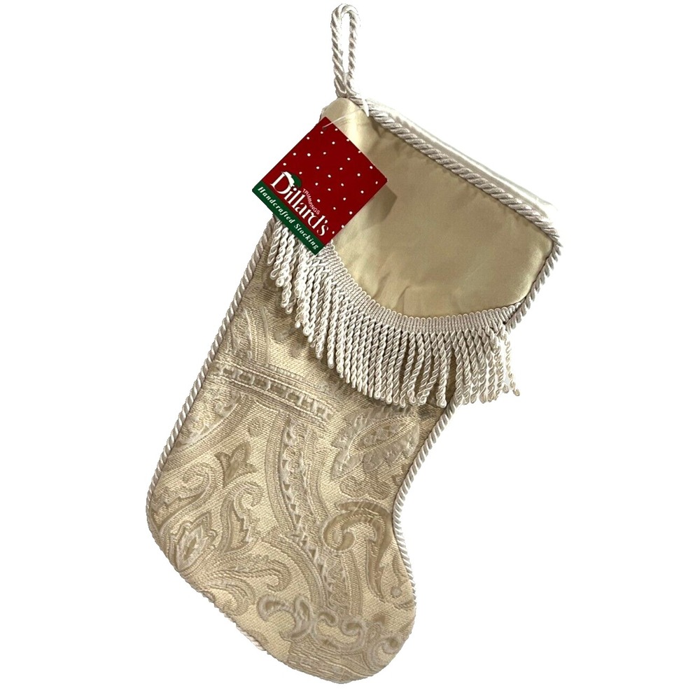 Brocade Christmas Stocking With Fringe Dillards 17"  Ivory & Velour - New
